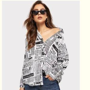 Newspaper Print Curved Hem Shirt Size Medium
